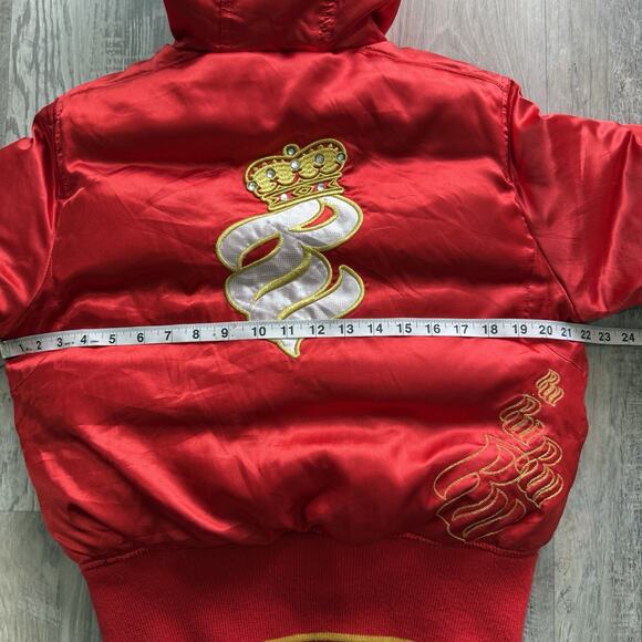 Y2K Puffy Jacket Womens Medium Red Puffer Faux Fur Hood Feather Winter Coat - Picture 10 of 14